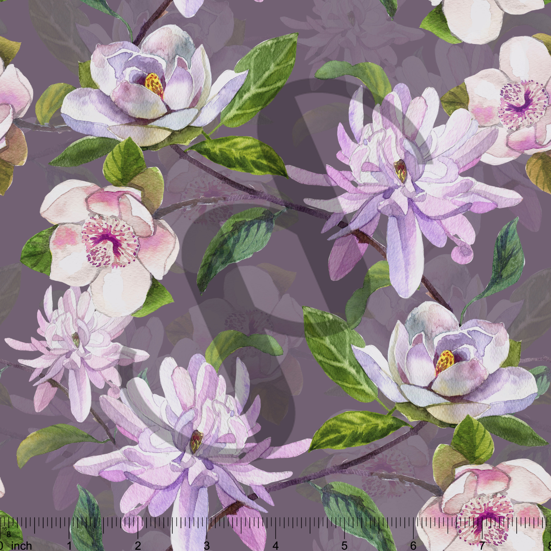watercolor pattern magnolia flowers, white magnolia, pink and ye